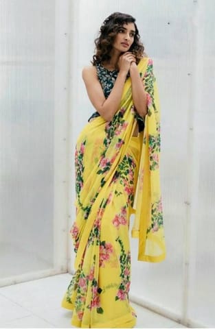 Yellow Multicolor Digital Print Silk Saree With Unstitched Blouse Piece