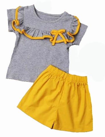 Cotton Ruffle T shirt And Stretchable Half Pant Set For Girls (New Year Offer)
