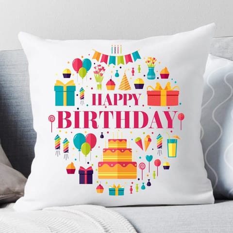 Happy Birthday Printed White Cushion