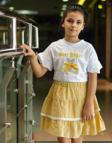 Melange Basic T-shirt  And Check Skirt Set For Girls