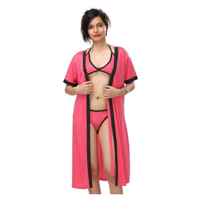 Combo Lingerie Set with Robe and Bikini Bra Panty Free Size Pink Color