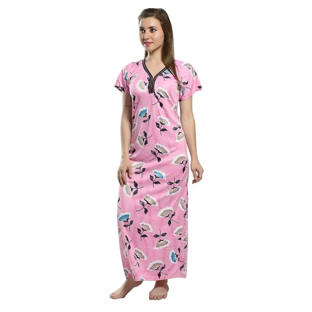 Cotton Printed Satin Maxi Nighty Full Length Free Size Pink Color