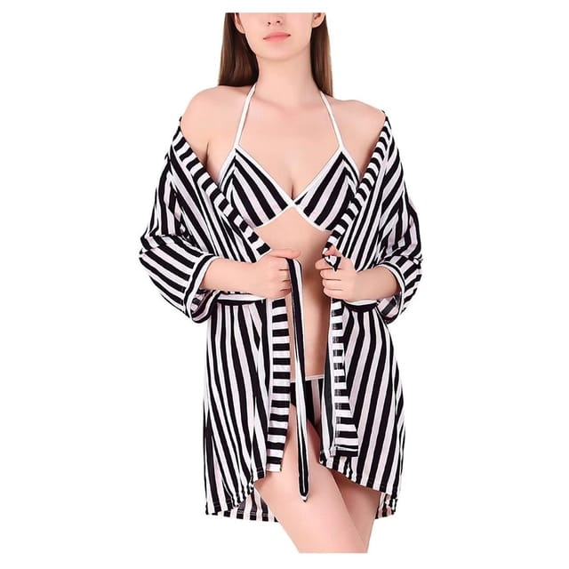Women Stripe Satin Nightwear Robe Nightdress with Bra Panty Satin Lingerie Set Free Size Black White Color