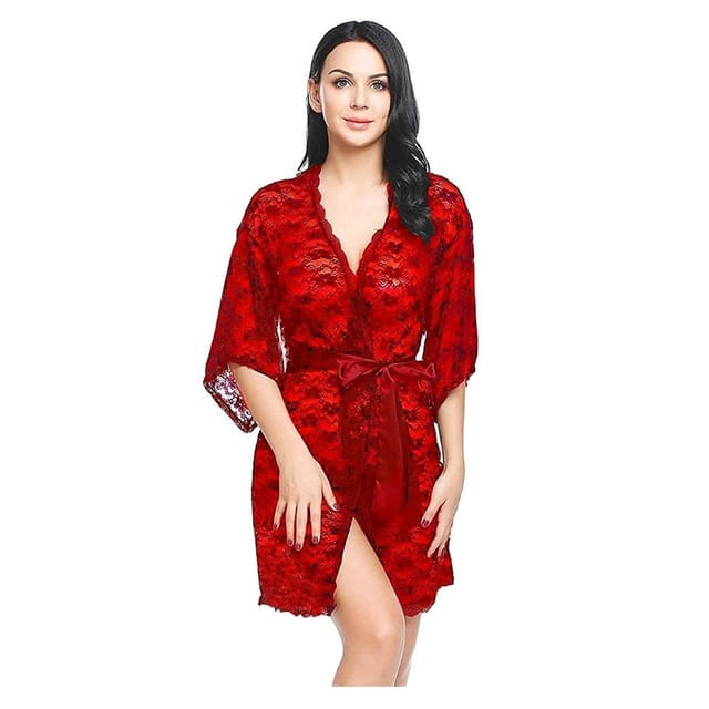 Women's Satin Solid Above knee Baby Doll Lingerie With Robe Free Size Red Color