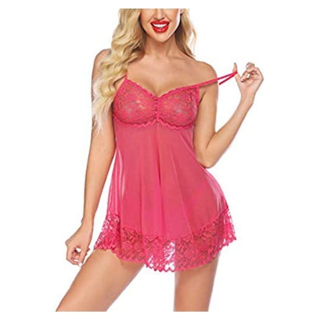 Nightwear Lingerie Set for Women  Floral Lace with G-String Panty  Above Knee Innerwear  Net V Neck Sleepwear Dress in Pink Color Free Size