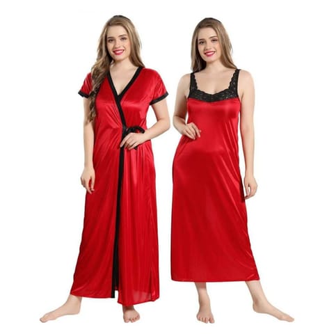 Women's Satin Solid Maxi Nighty With Robe Free Size Red Color