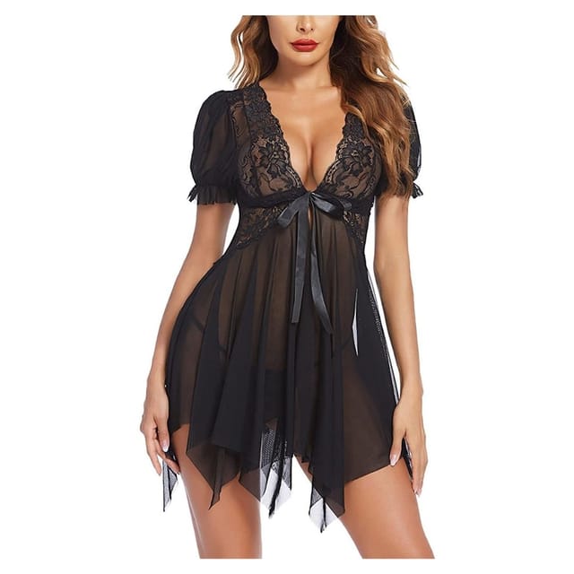 Sleepwear Womens Chemise Nightgown Full Lace Sling Dress Sexy Babydoll Lingerie With G-String Panty For Honeymoon/First Night/Anniversary Free Size Black Color