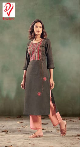 Brown Summer Kurti With Peach Pink Pant For Women