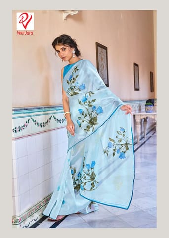 Organza Sky Blue With Digital Floral Print Saree For Women
