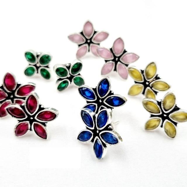Abarnika- Silver? crystals flower stud Blue,Pink,yellow,Green ,baby pink