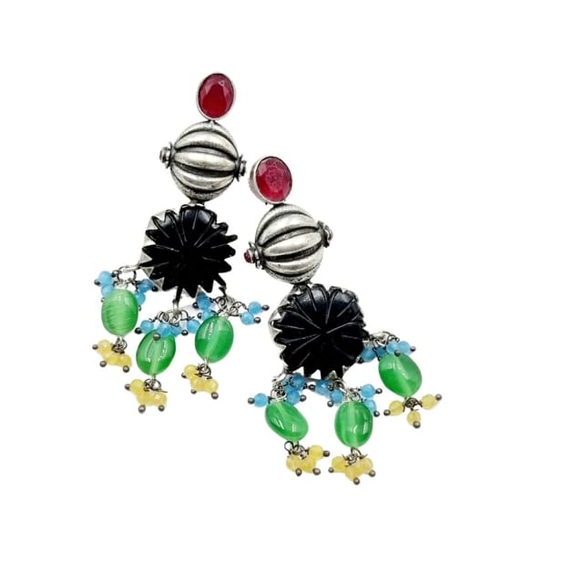 Abarnika- German silver crystal statement earrings - Black & Green