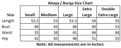 Burqa Size Chart