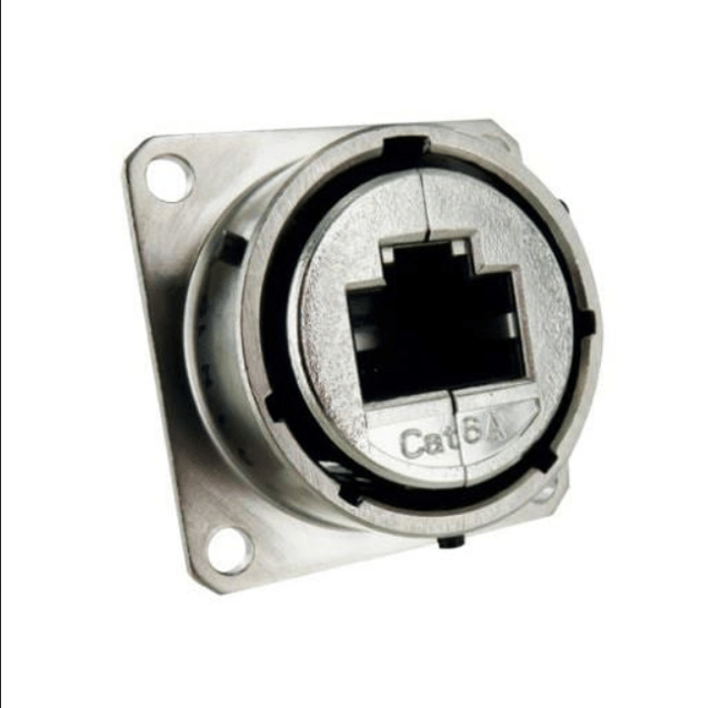 Modular Connectors / Ethernet Connectors RJ Field CAT6a 26482 Aluminum Shell, Square Flange Receptacle, Female RJ45 Rear Right Angle Termination, Nickel