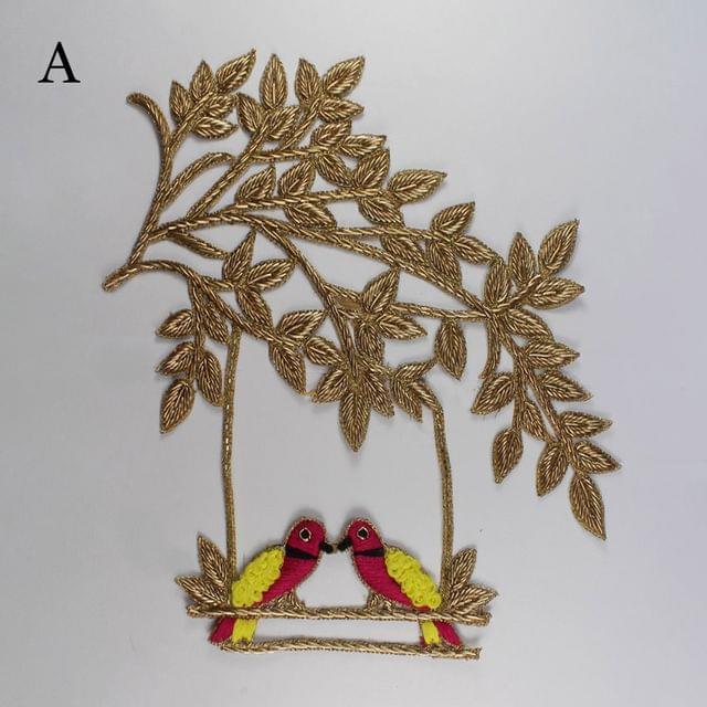 Twin-birds romantic look palatial bird swing posh and regal Zardosi coils and fine elements gloriously ornamented magic brooch applique patch