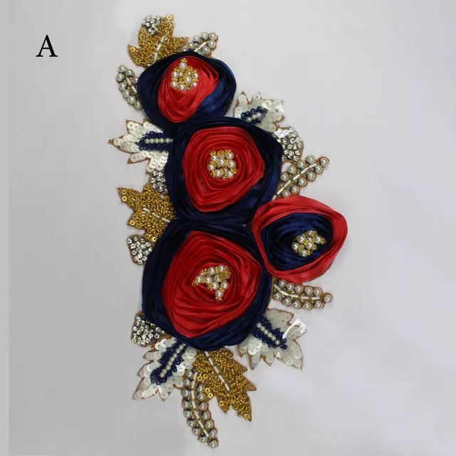 Cute and luxurious royal blooms roses verdant satin ribbon folded applique style flowers and leaves majestically embellished party celebrations patch