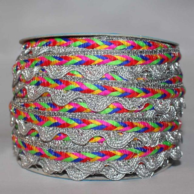 Vibrant rainbow colour scallop waves stiff look silver base plaited style fancy and gorgeous carefree and bohemian elements main-stream look border