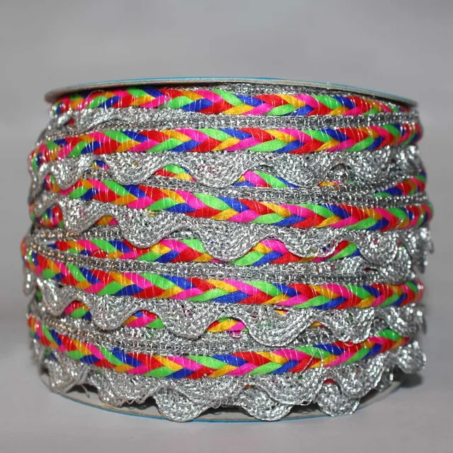 Vibrant rainbow colour scallop waves stiff look silver base plaited style fancy and gorgeous carefree and bohemian elements main-stream look border