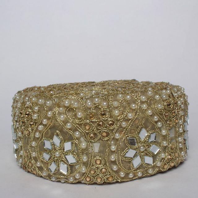Stylised traditional Boota-Matki design abstract inspiration delicate and chic feel strikingly dressy look pearls, mirrors, stones and Zari chord done floral border