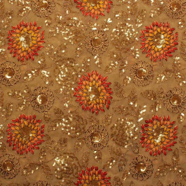 Orange glory golden flare flowers and leaves ornate embroidered fabric