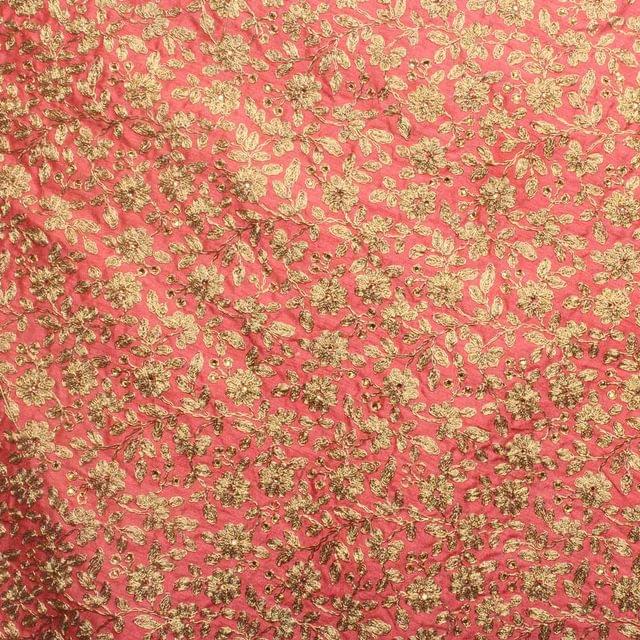 Carrot peach elegance Zari thread worked royal stance floral fabric