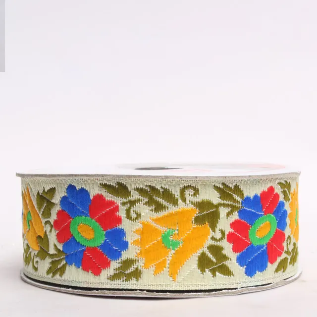 Colorful cheerful fun fantastic spring flowers woven on ribbon border