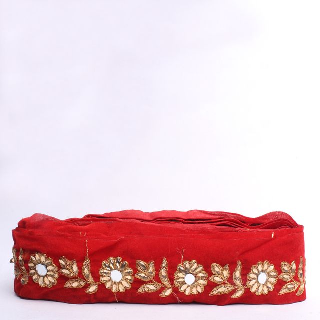 Deep-red-finesse floral lace/Mirror-stones-lace/Zari-lace/Lace-border
