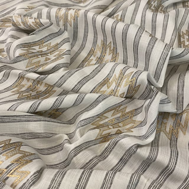 White and Grey Linen Cotton Gold Print