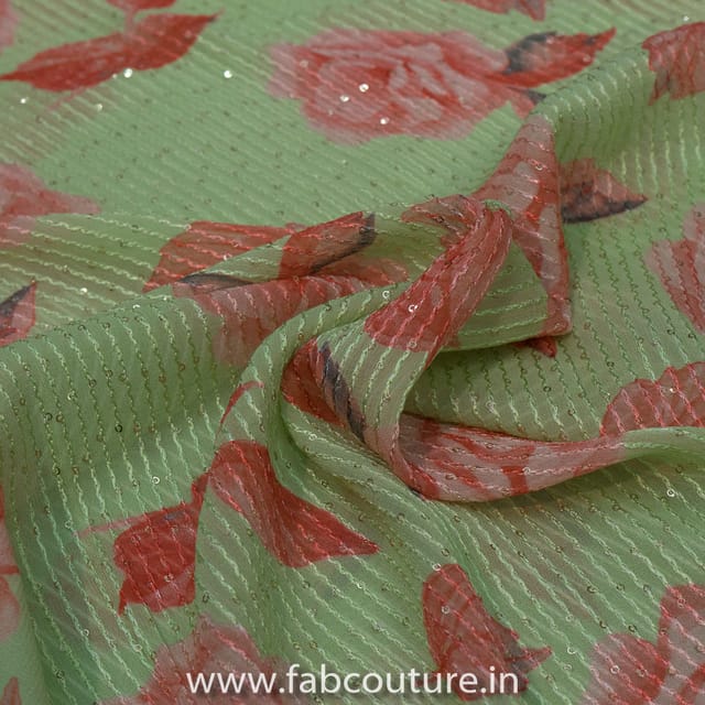 Green Georgette Embroidery with Digital Print