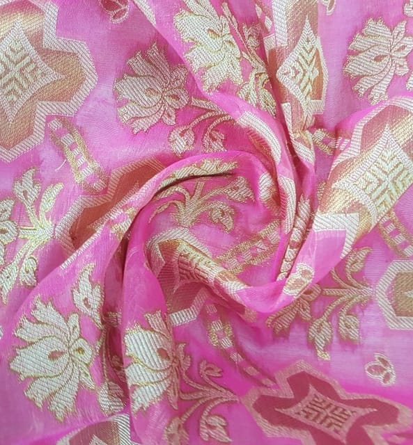 Pink Floral & Geometric Chanderi Jacquard