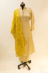 Fawn Hand-embroidered Suit Set with Print Dupatta