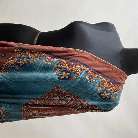 Peacock Blue Color Velvet Embroidery Print Stole