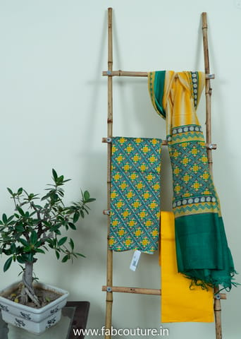 Chanderi Hand Block Printed Suit With Pure Chanderi Duputta and Cotton Bottom