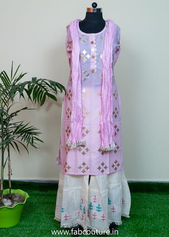 Cotton Foil Printed Suit With Embroidered Cotton Sharara And Cotton Dupatta Stitched Suit Set