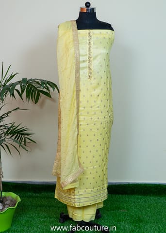 Moonga Jacquard Suit Set with Shantoon Bottom and Chiffon Heat Set Dupatta with embroidered border