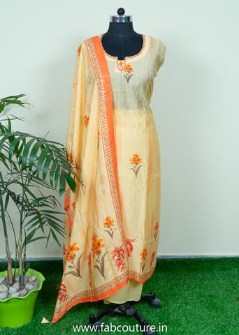 Lemon Muslin Embroidered Suit With Cotton Bottom And Muslin Printed Dupatta