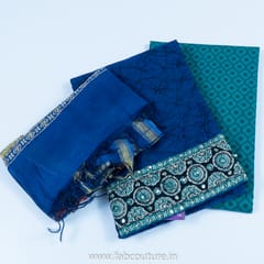 Blue Chanderi Embroidered Suit With Cotton Bottom And Chanderi Dupatta