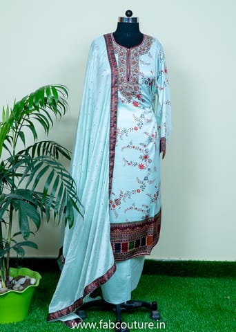 Firozi Satin Embroidered Suit With Cotton Bottom And Chiffon Embroidered Dupatta