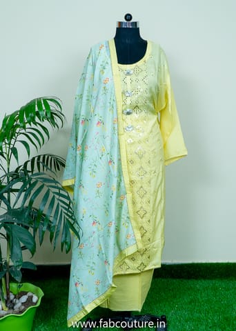 Yellow Muslin Embroidered Suit With Cotton Bottom And Muslin Printed Dupatta