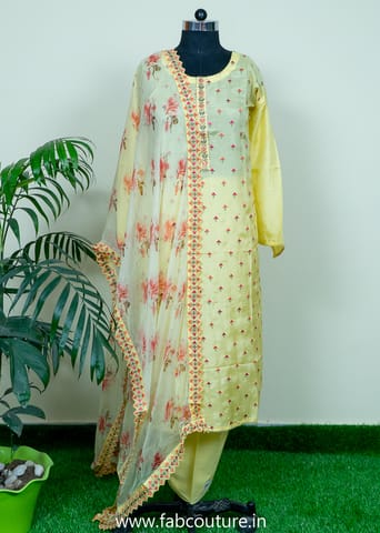 Yellow Muslin Embroidered Suit With Cotton Bottom And Chiffon Printed Dupatta