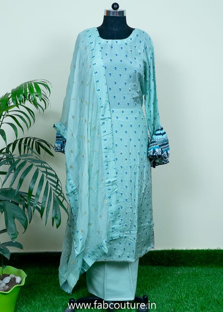 Sea Green Muslin Embroidered Suit With Cotton Bottom And Chiffon Mukaish Dupatta