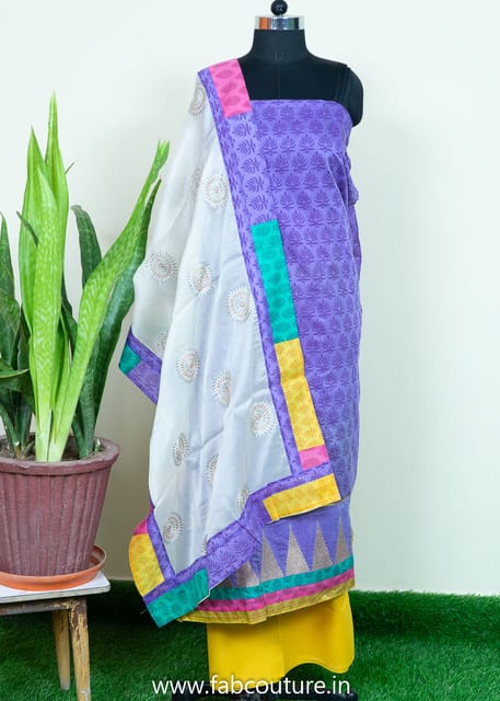 Purple Color Chanderi Printed Suit With Cotton Bottom And Georgette Embroidered Border Dupatta