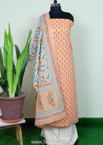 Peach Color Cotton Printed Suit With Cotton Bottom And Printed Cotton Dupatta