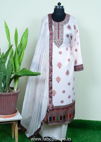 Firozi Color Satin Printed Suit With Cotton Bottom And Printed Chiffon Dupatta