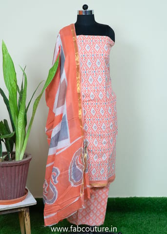 Peach Color Cotton Printed Suit With Cotton Bottom And Printed Cotton Dupatta