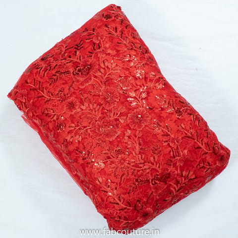 Red Color Net Sequins Embroidery