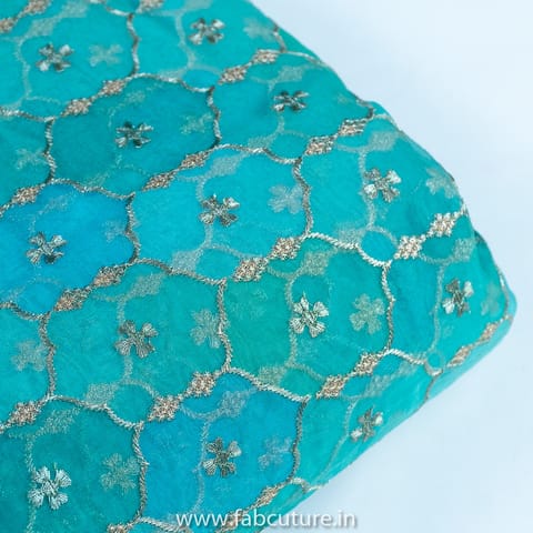Firozi Color Organza Print With Embroidery