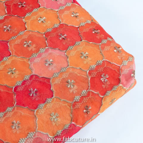 Orange Color Organza Print With Embroidery