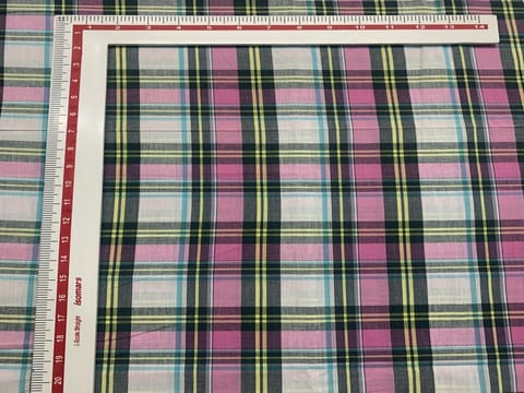 Baby Pink and Green Yellow Yarn Dyed Cotton Check Fabric