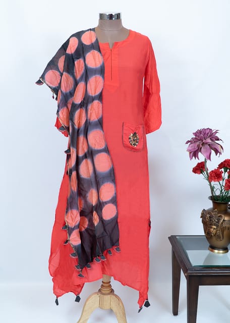 Metro Red Color Muslin Embroidered Kurti With Attached Dupatta