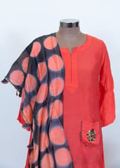 Metro Red Color Muslin Embroidered Kurti With Attached Dupatta